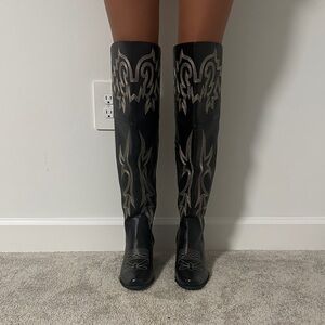 Black Embroidered Knee-High Boots (see description on size)